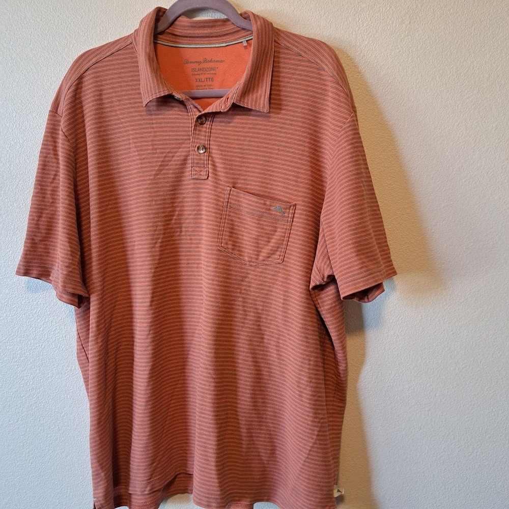 Tommy Bahama IslandZone Mens XXL Polo Shirt Orange Blue Striped 37.5 Tech Pocket